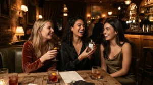 Friends trying a gender-neutral evening scent before heading out in a lively Soho cocktail bar