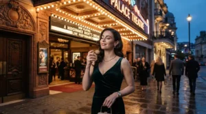 Applying a spritz of a unisex night out fragrance outside a historic West End theatre